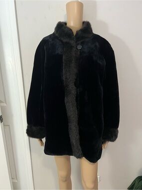 Vintage Hillmoor Coat  Luxury Faux Fur Black w Brown Trim
